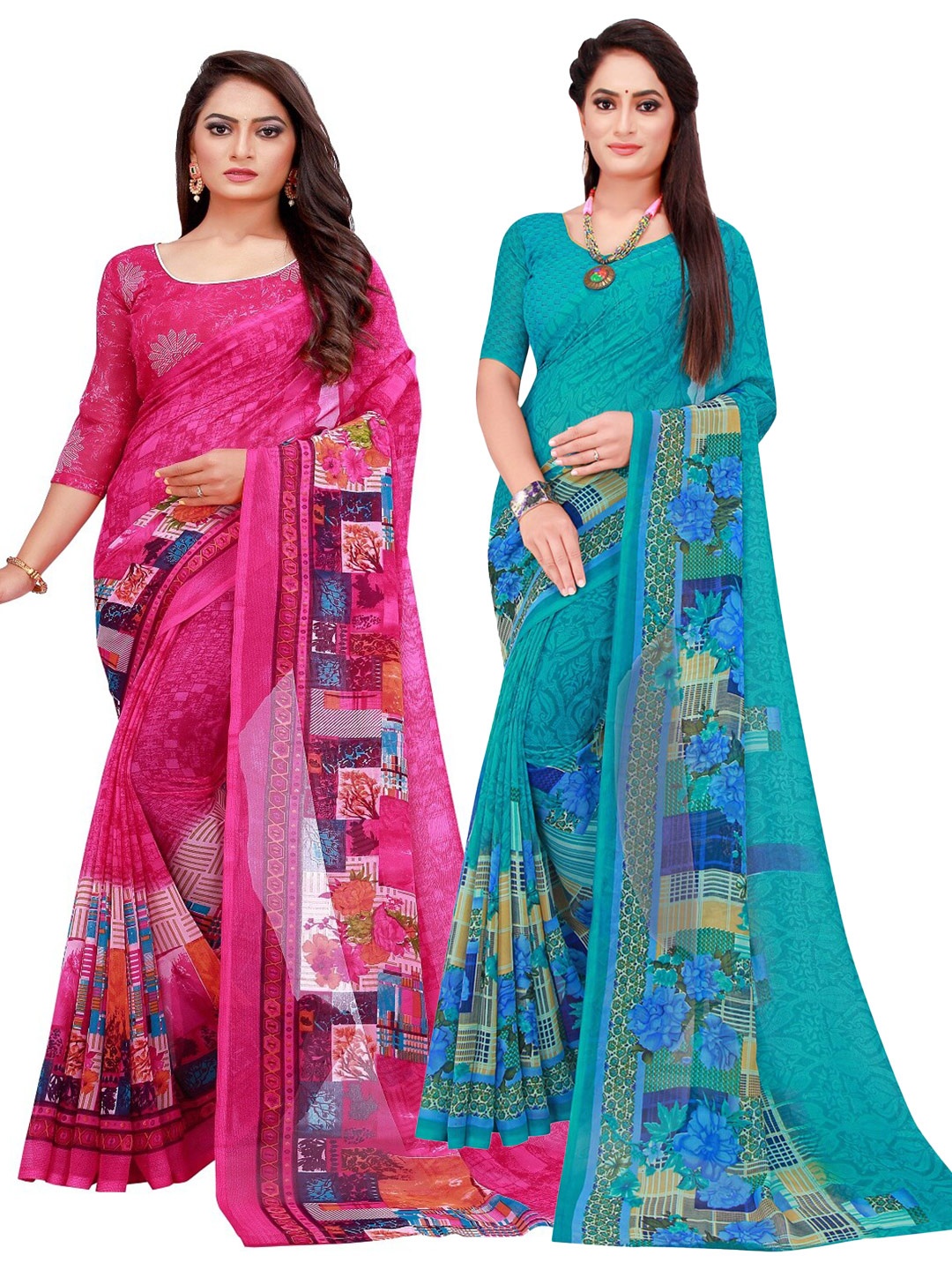

SAADHVI Turquoise Blue & Magenta Printed Pure Georgette Saree Pack Of 2