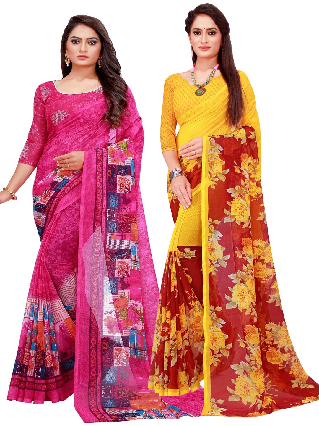 

SAADHVI Magenta & Maroon Set of 2 Printed Georgette Saree