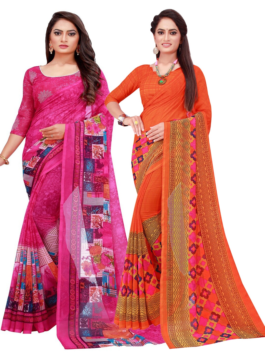 

SAADHVI Orange & Magenta Set of 2 Printed Georgette Saree