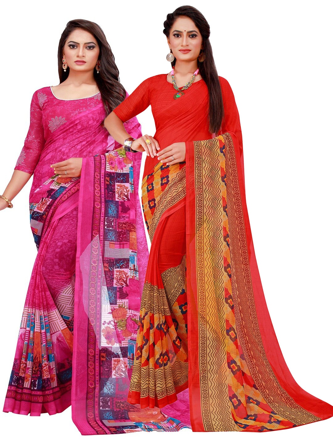 

SAADHVI Red & Magenta Printed Pure Georgette Saree Pack Of 2