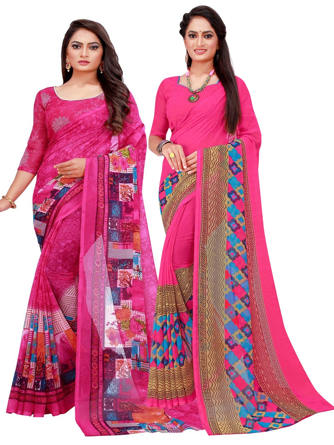 

SAADHVI Magenta & Blue Printed Pure Georgette Saree Pack Of 2