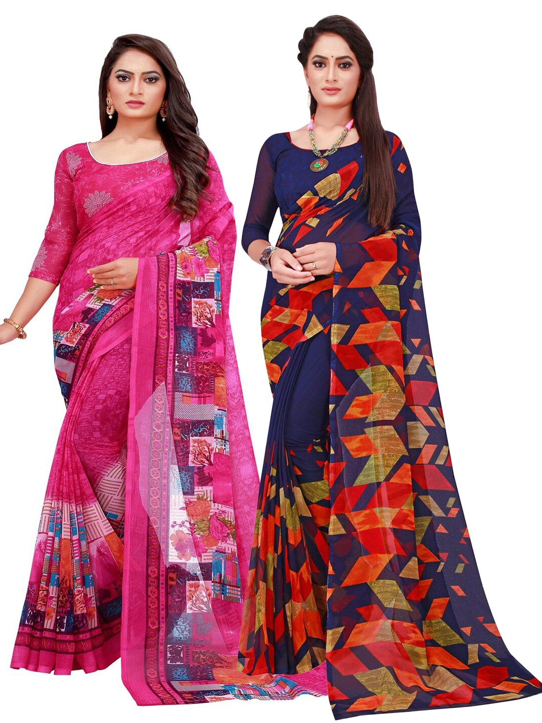 

SAADHVI Navy Blue & Magenta Set of 2 Printed Georgette Saree