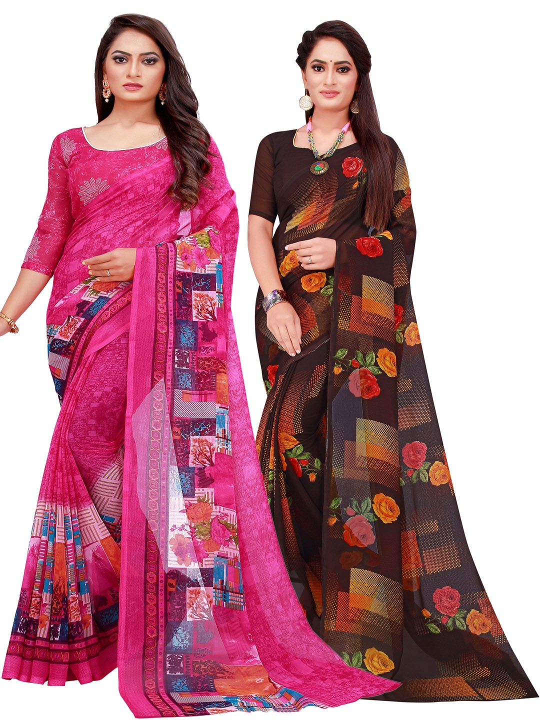 

SAADHVI Pink & Black Pack of 2 Printed Pure Georgette Saree