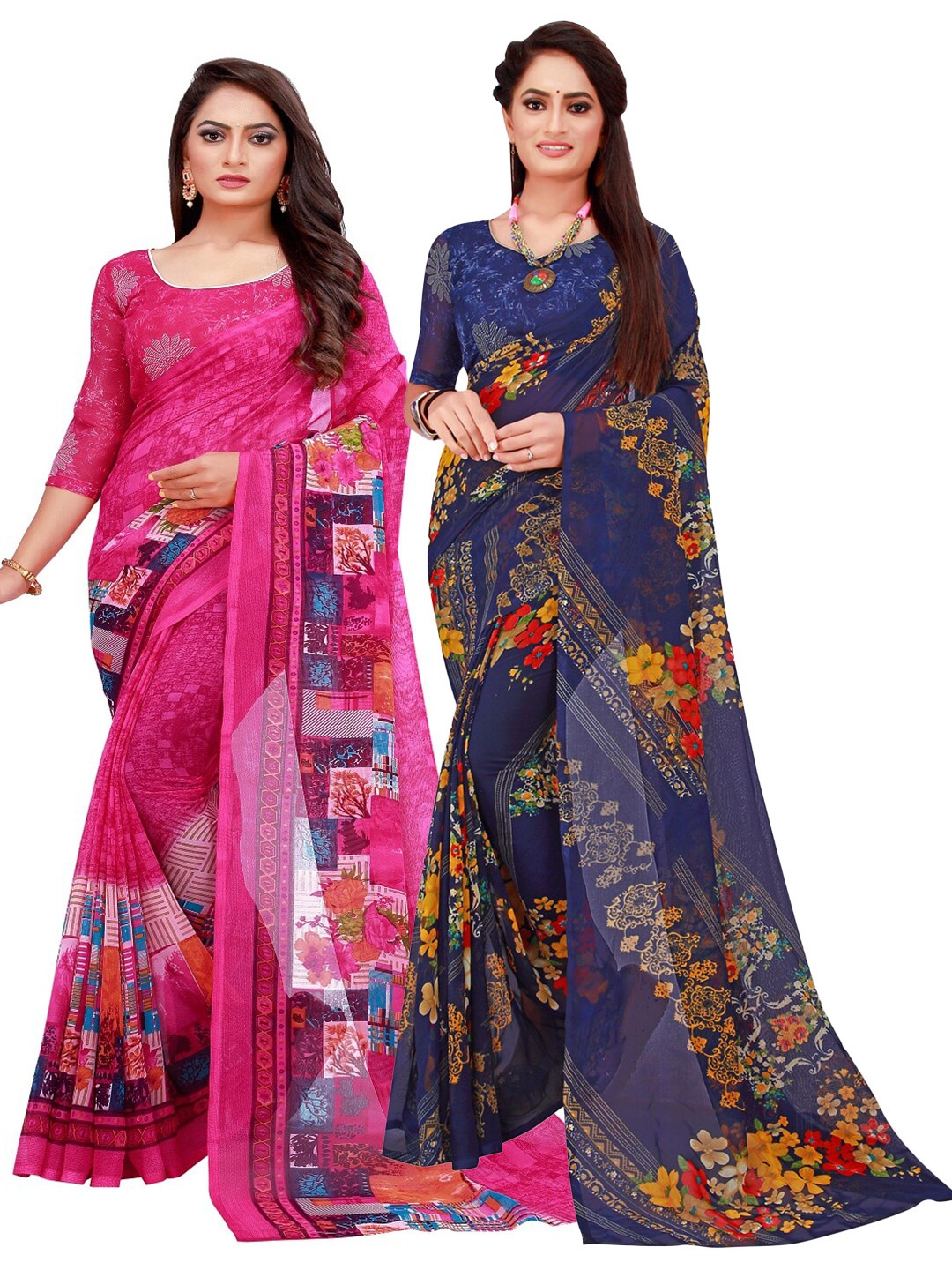 

SAADHVI Magenta & Navy Blue Set of 2 Printed Georgette Saree