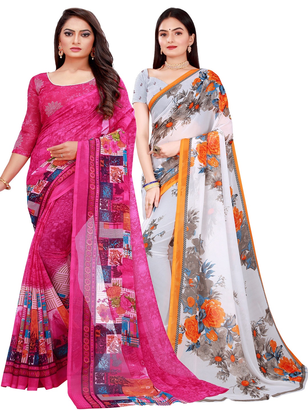 

SAADHVI Magenta & White Set Of 2 Pure Georgette Saree
