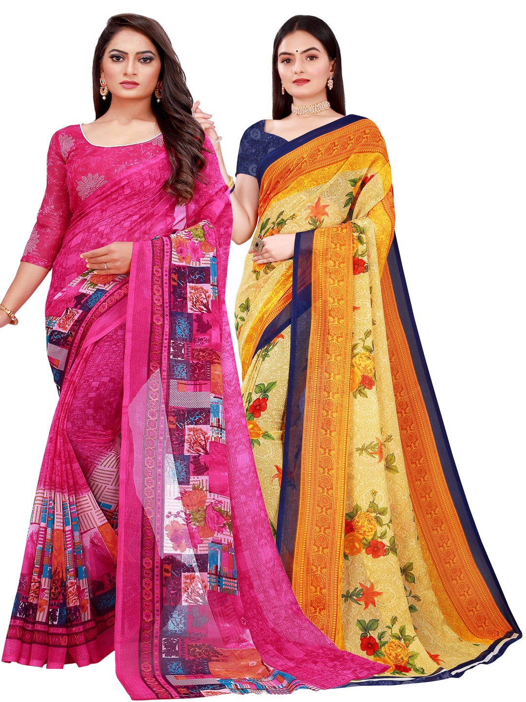 

SAADHVI Beige & Navy Blue Floral Pack of 2 Pure Georgette Sarees