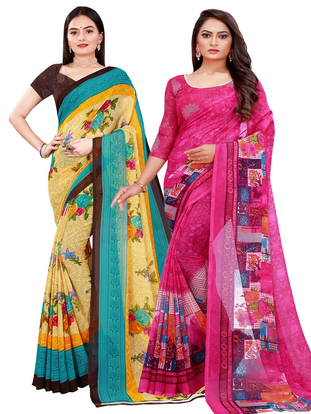 

SAADHVI Magenta & Beige Printed Pure Georgette Saree Pack Of 2