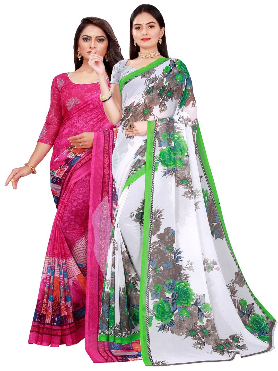 SAADHVI Magenta & White Set of 2 Printed Georgette Saree