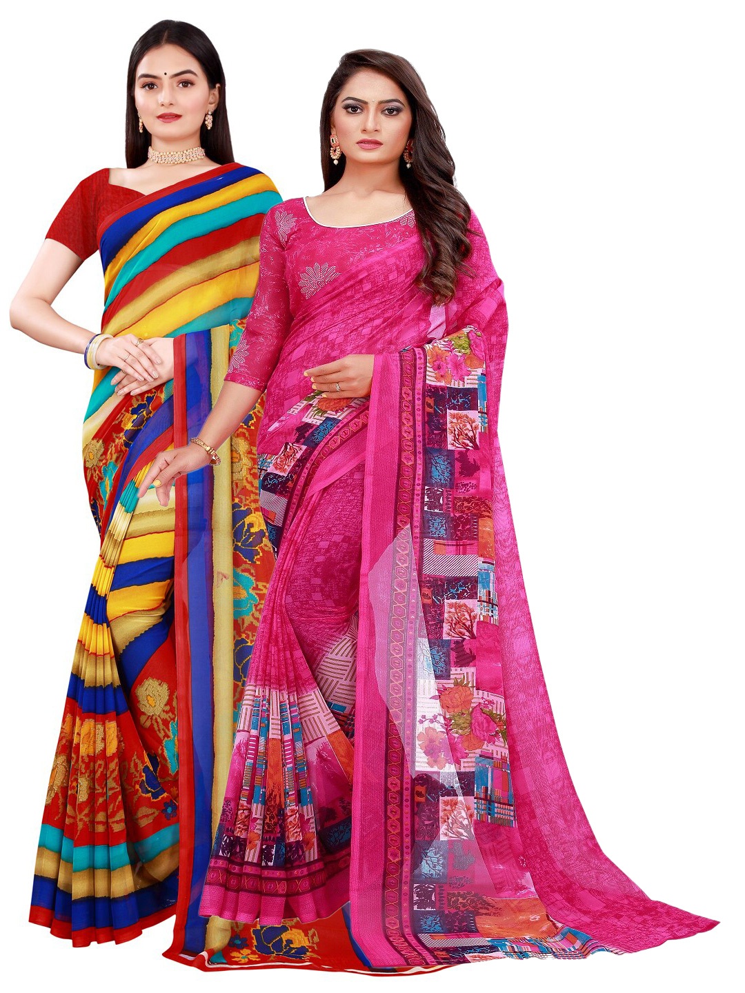 SAADHVI Magenta & Yellow Printed Pure Georgette Saree Pack Of 2
