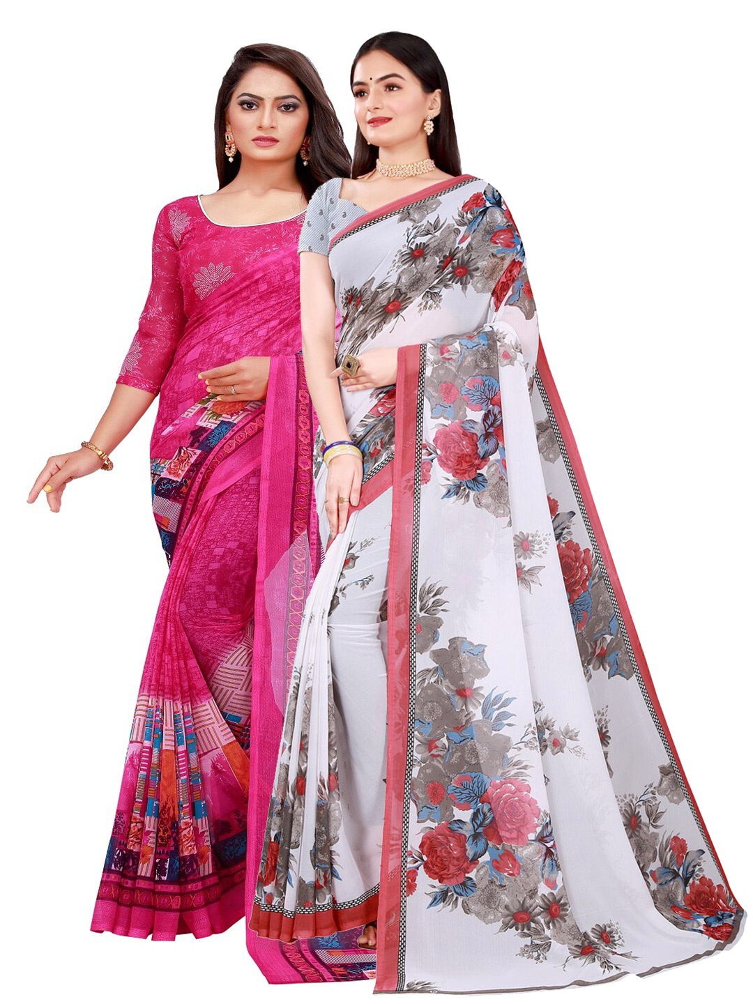 

SAADHVI Magenta & White Printed Pure Georgette Saree Pack Of 2