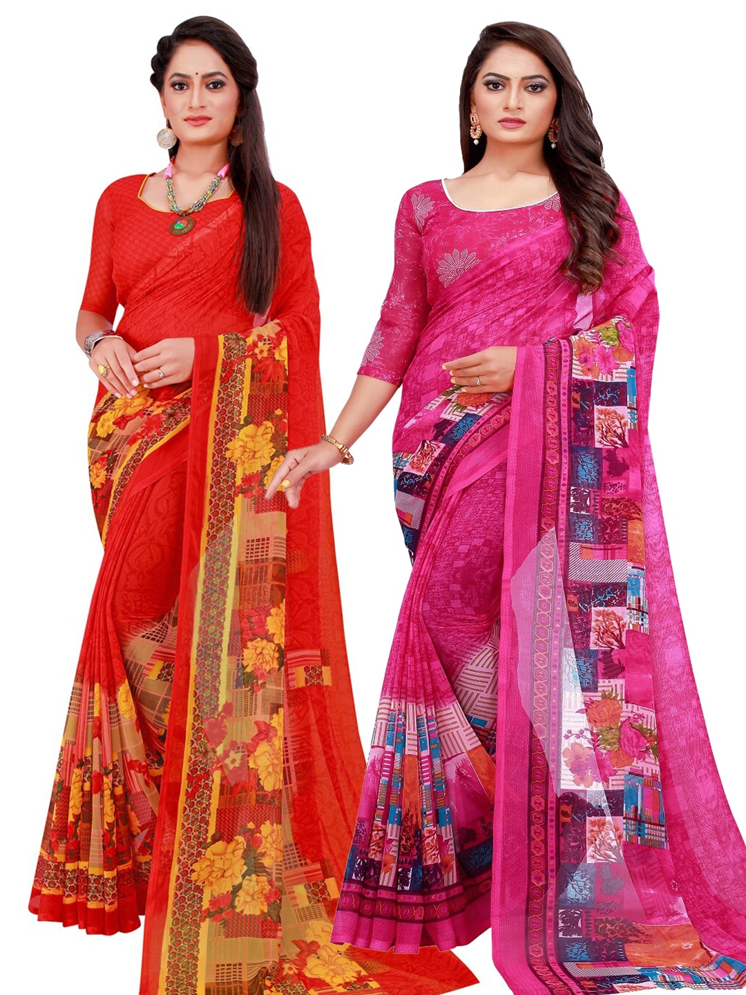 

SAADHVI Red & Pink Set of 2 Printed Georgette Saree
