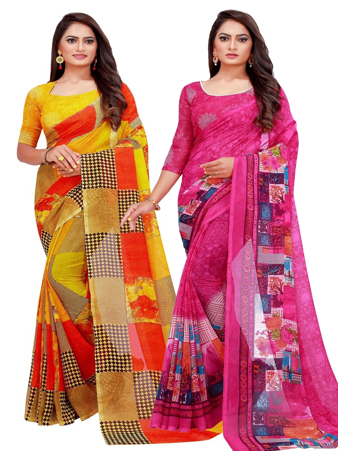 

SAADHVI Magenta & Yellow Set Of 2 Floral Pure Georgette Saree
