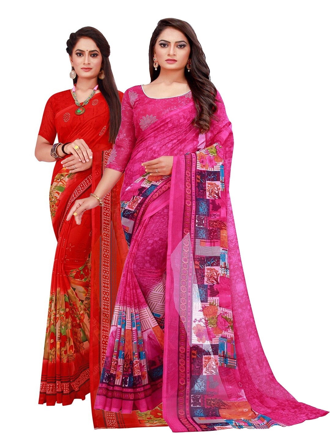 SAADHVI Red & Magenta Printed Pure Georgette Saree Pack Of 2