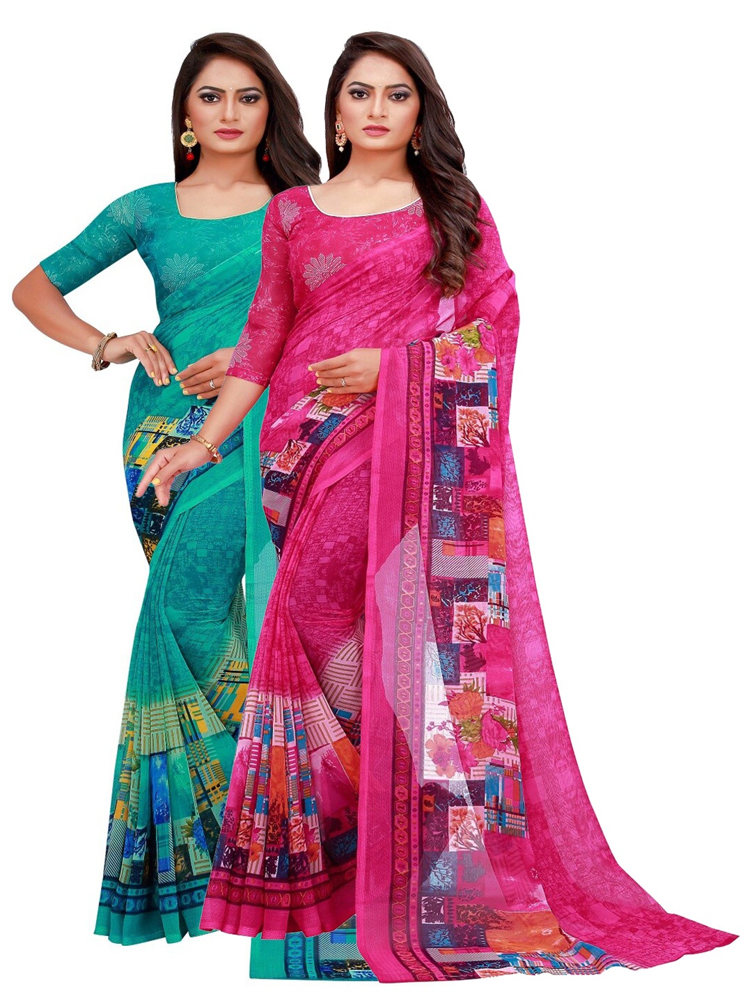

SAADHVI Turquoise Blue & Magenta Set of 2 Printed Georgette Saree