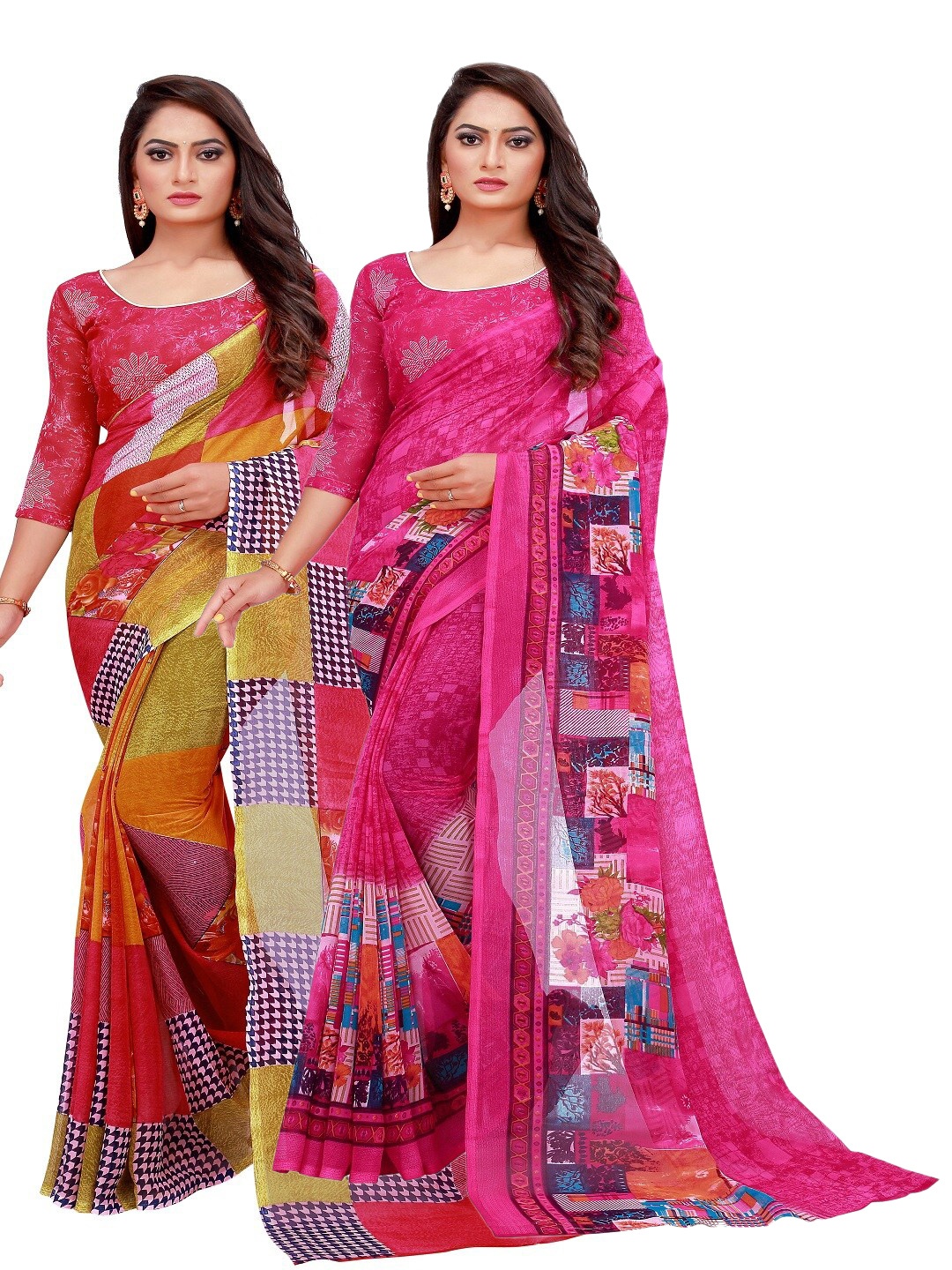 

SAADHVI Red & Magenta Set Of 2 Floral Pure Georgette Saree