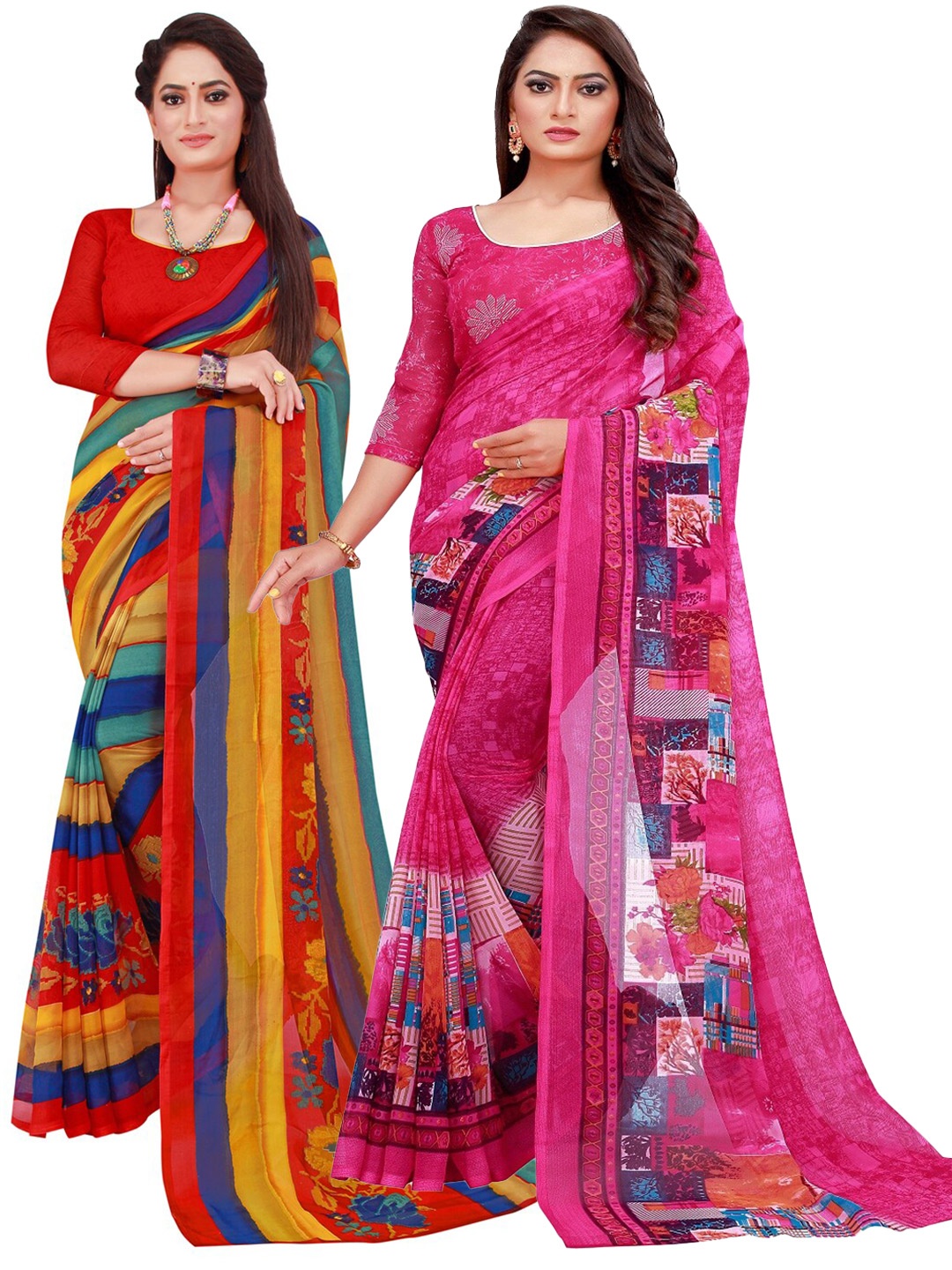 

SAADHVI Magenta & Yellow Striped Printed Pure Georgette Saree Pack Of 2