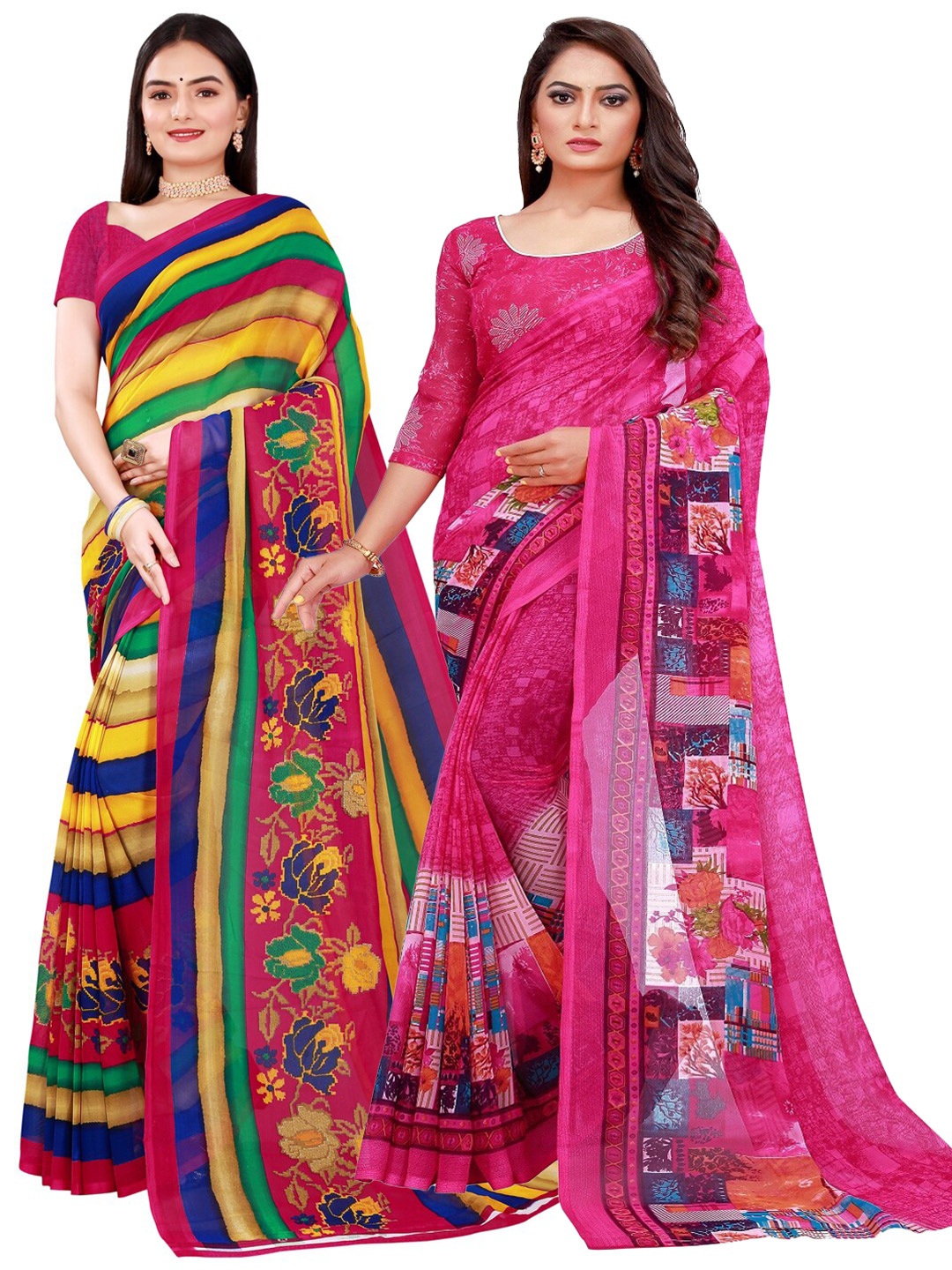 

SAADHVI Magenta & Blue Striped Printed Pure Georgette Saree Pack Of 2