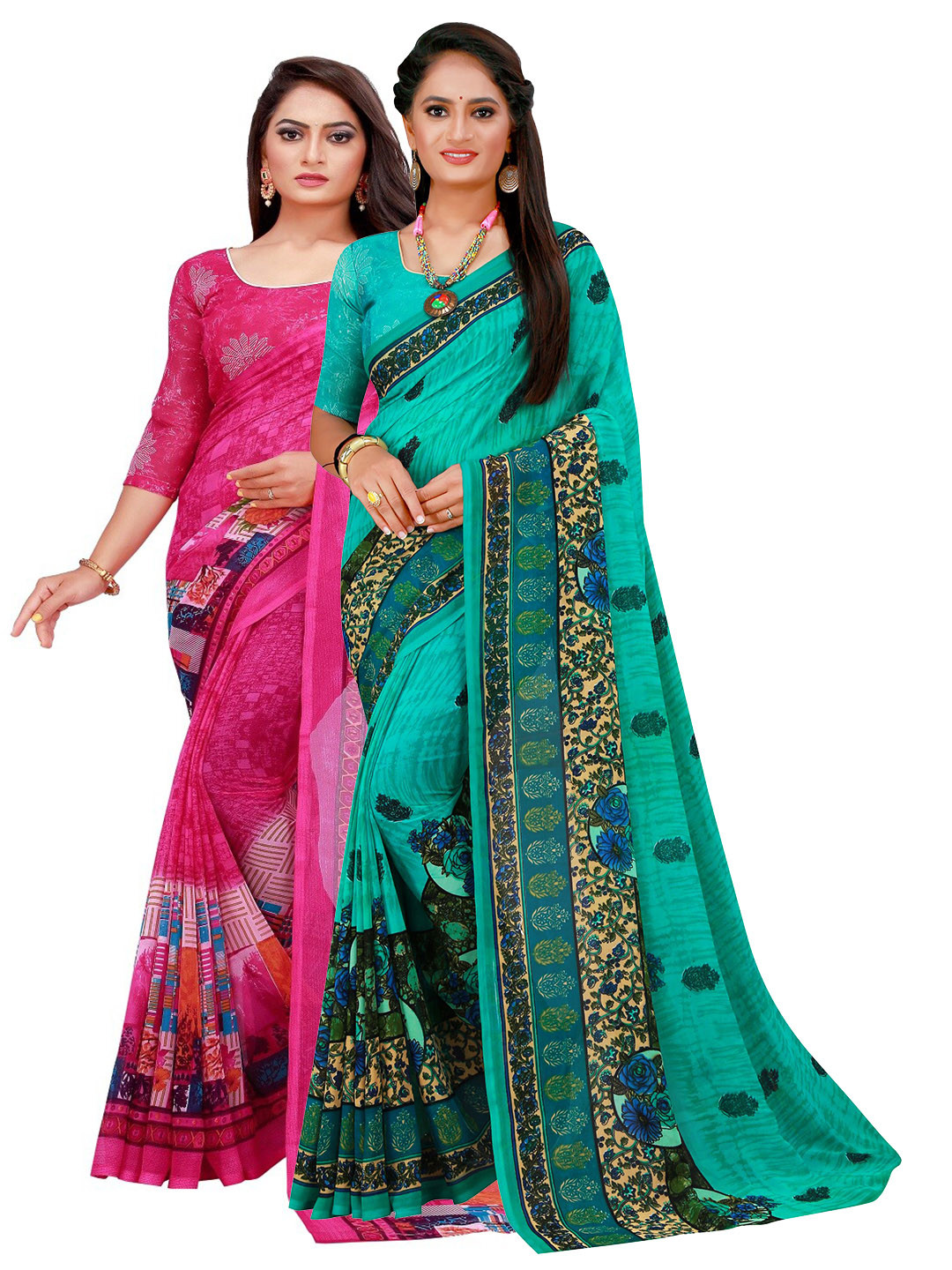 

SAADHVI Magenta & Turquoise Blue Set of 2 Printed Georgette Saree