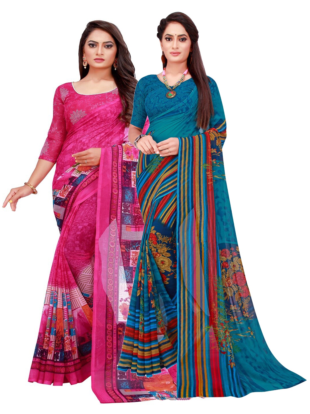 

SAADHVI Magenta & Blue Set Of 2 Floral Pure Georgette Saree