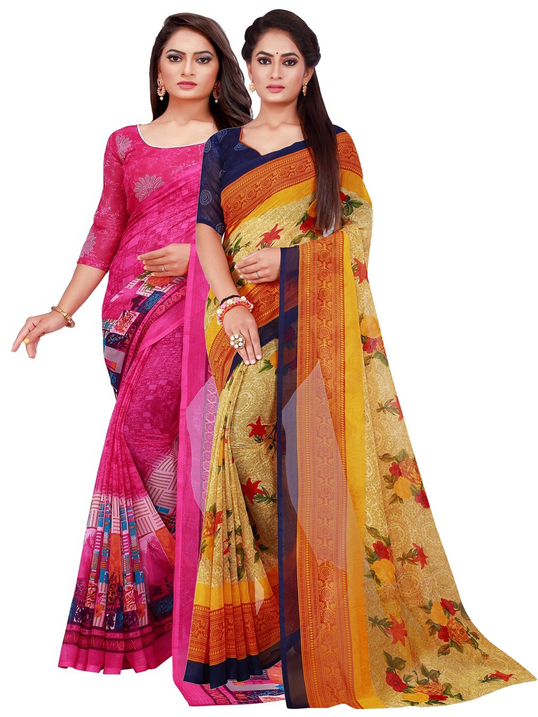 

SAADHVI Magenta & Beige Set of 2 Printed Georgette Saree