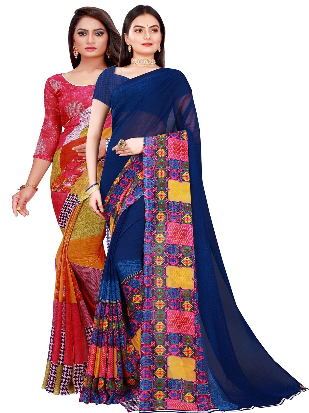 

SAADHVI Red & Yellow Printed Pure Georgette Saree Pack Of 2