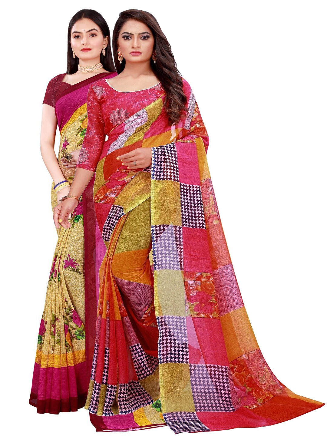 

SAADHVI Beige & Red Set of 2 Printed Georgette Saree