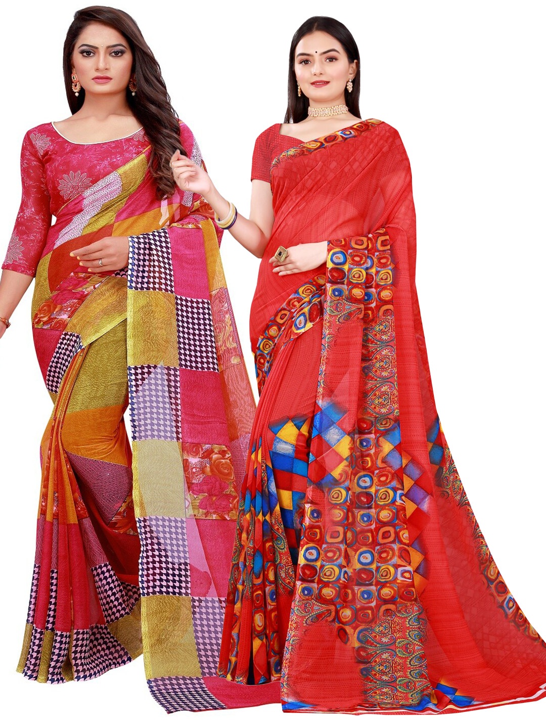 

SAADHVI Red & Blue Set Of 2 Floral Pure Georgette Saree