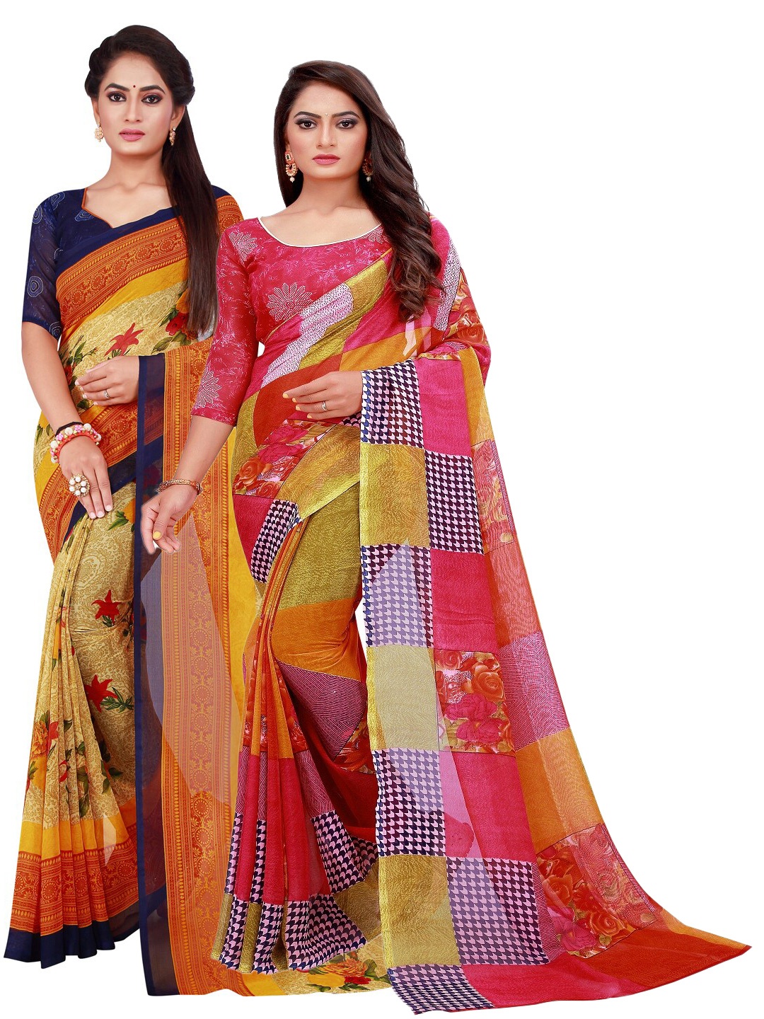 

SAADHVI Red & Beige Set of 2 Printed Georgette Saree