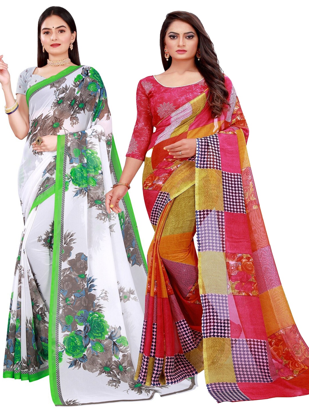 

SAADHVI Red & White Floral Printed Pure Georgette Saree Pack Of 2