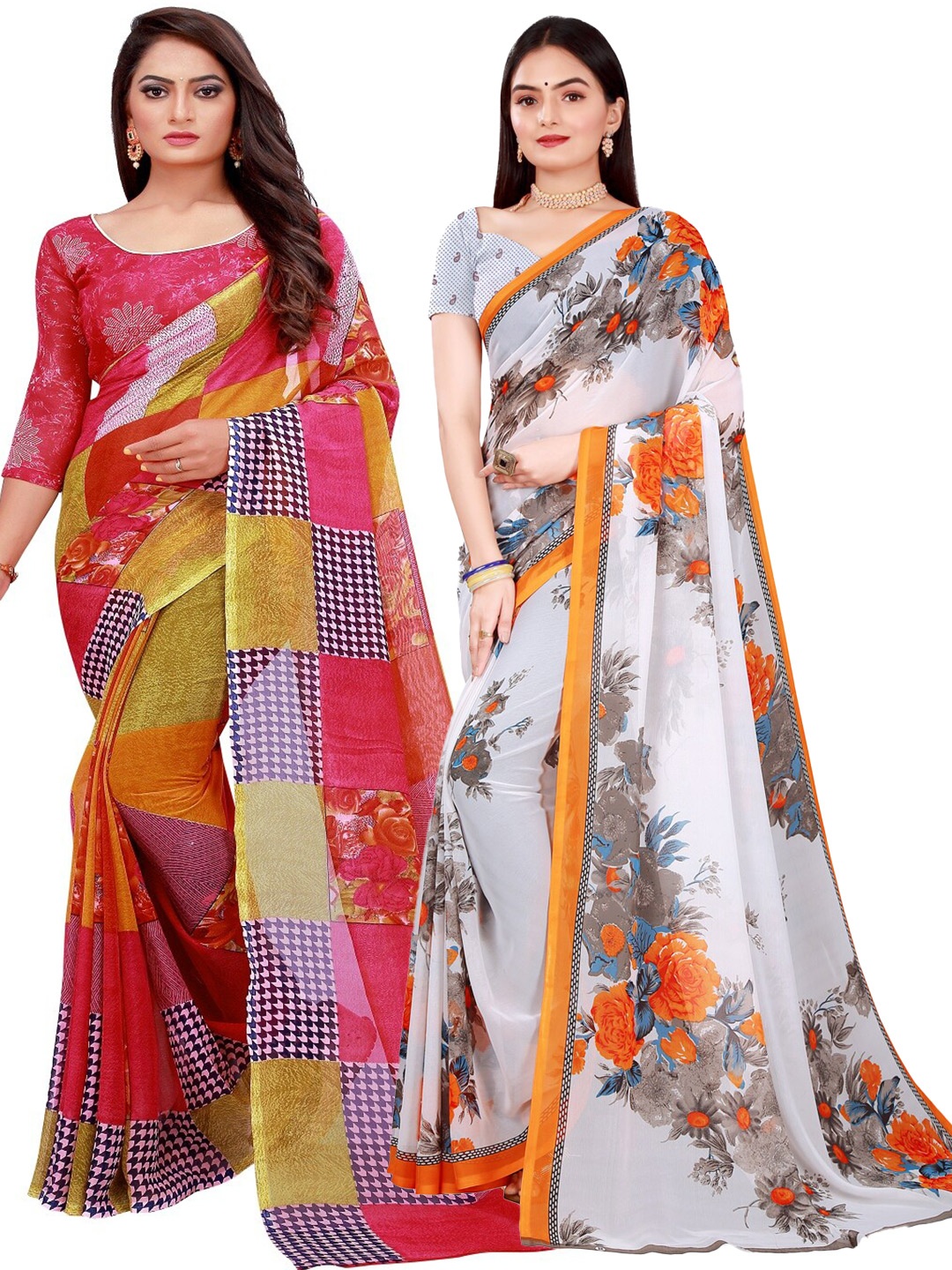 

SAADHVI Red & White Set of 2 Printed Georgette Saree