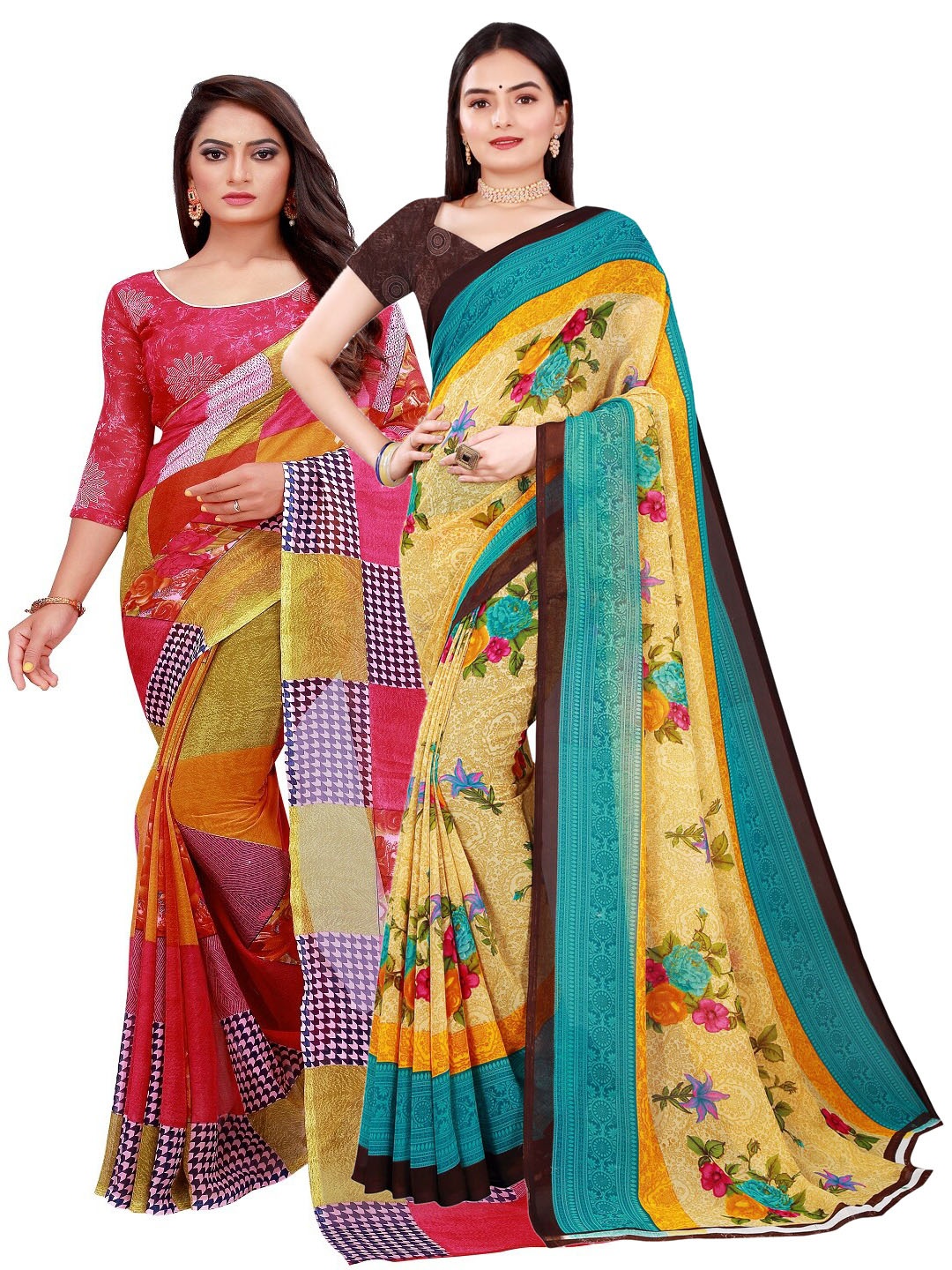

SAADHVI Red & Beige Set Of 2 Floral Pure Georgette Saree