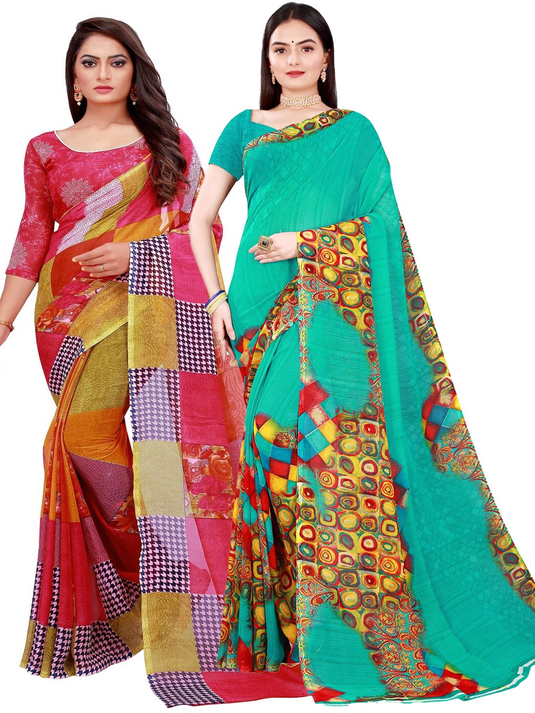 

SAADHVI Red & Green Printed Pure Georgette Saree Pack Of 2