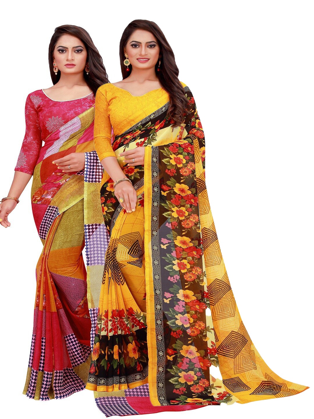 

SAADHVI Yellow & Red Printed Pure Georgette Saree Pack Of 2