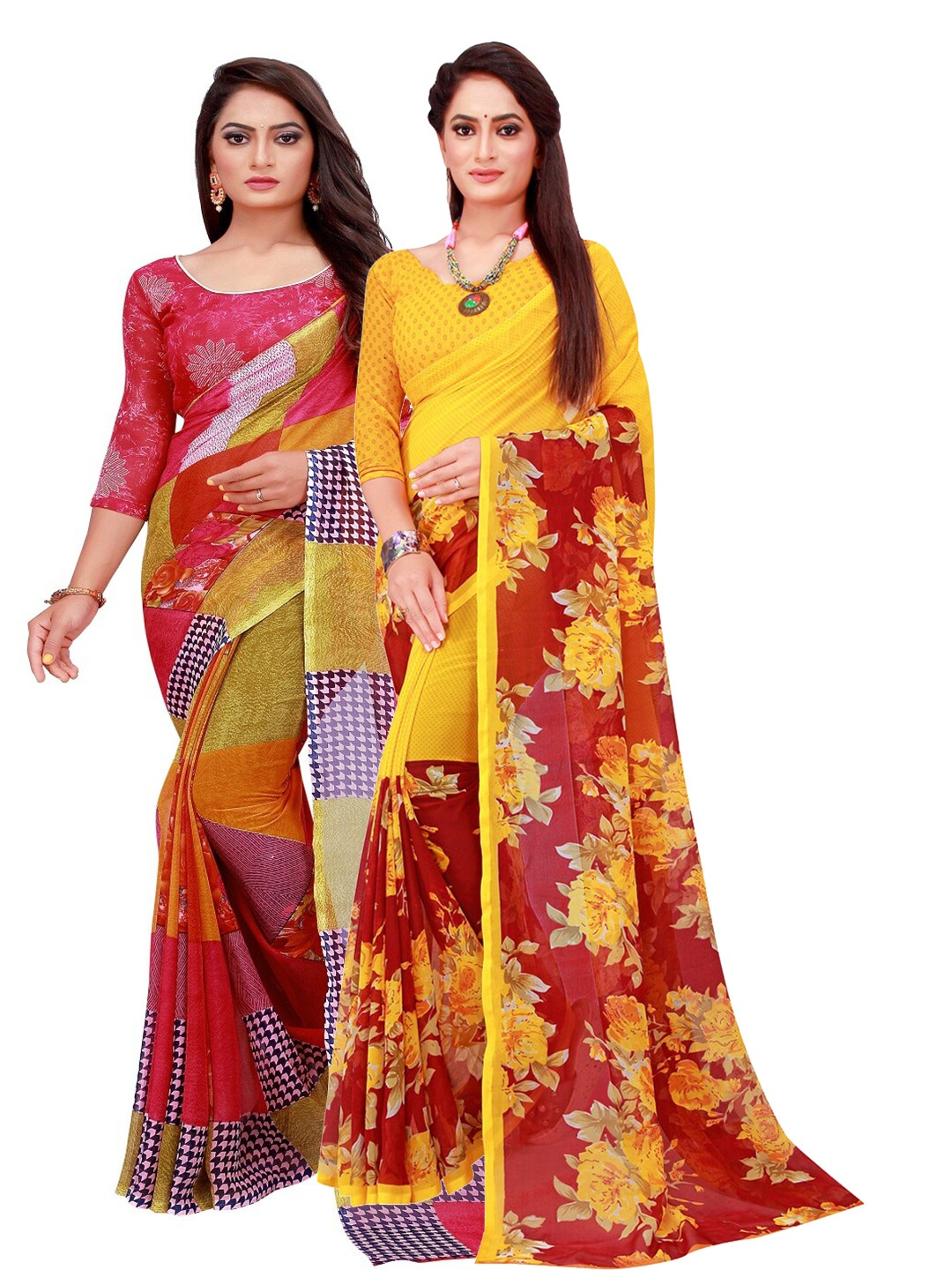 

SAADHVI Red & Maroon Set Of 2 Floral Pure Georgette Saree