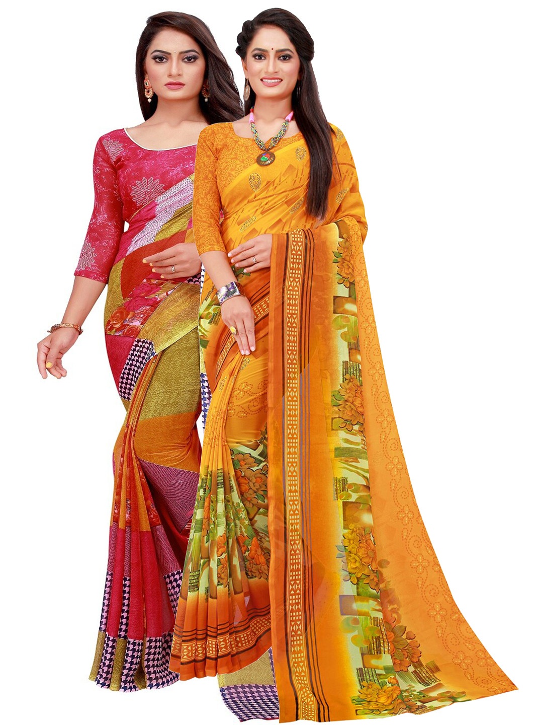 

SAADHVI Red & Yellow Printed Pure Georgette Saree Pack Of 2