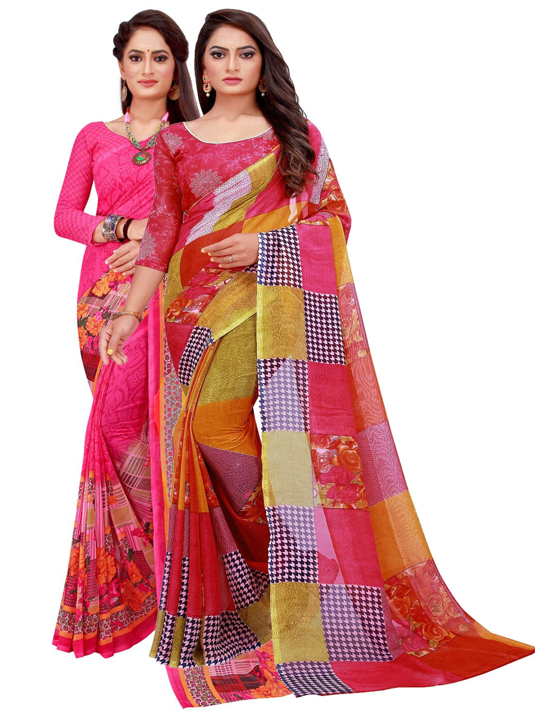 

SAADHVI Magenta & Red Printed Pure Georgette Saree Pack Of 2