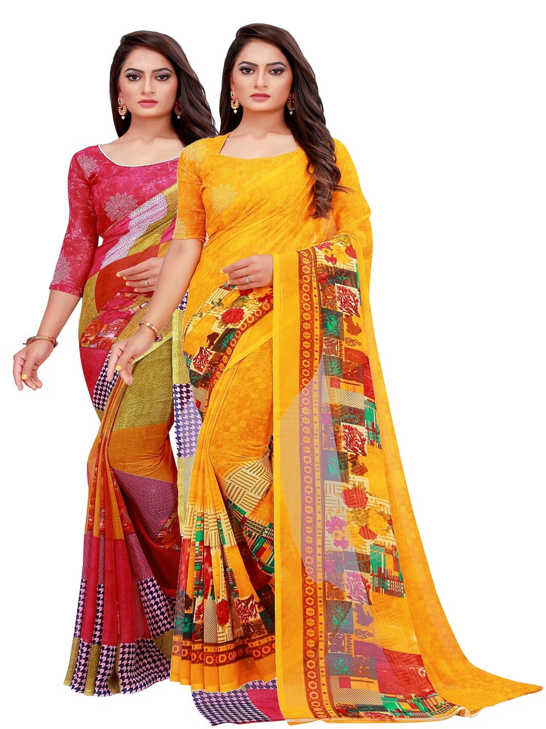 

SAADHVI Red & Yellow Set of 2 Printed Georgette Saree