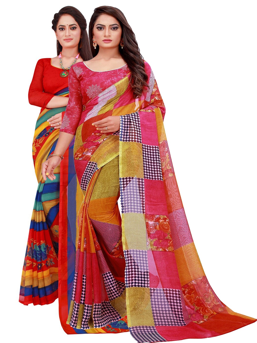 SAADHVI Red & Pink Printed Pure Georgette Saree Pack Of 2