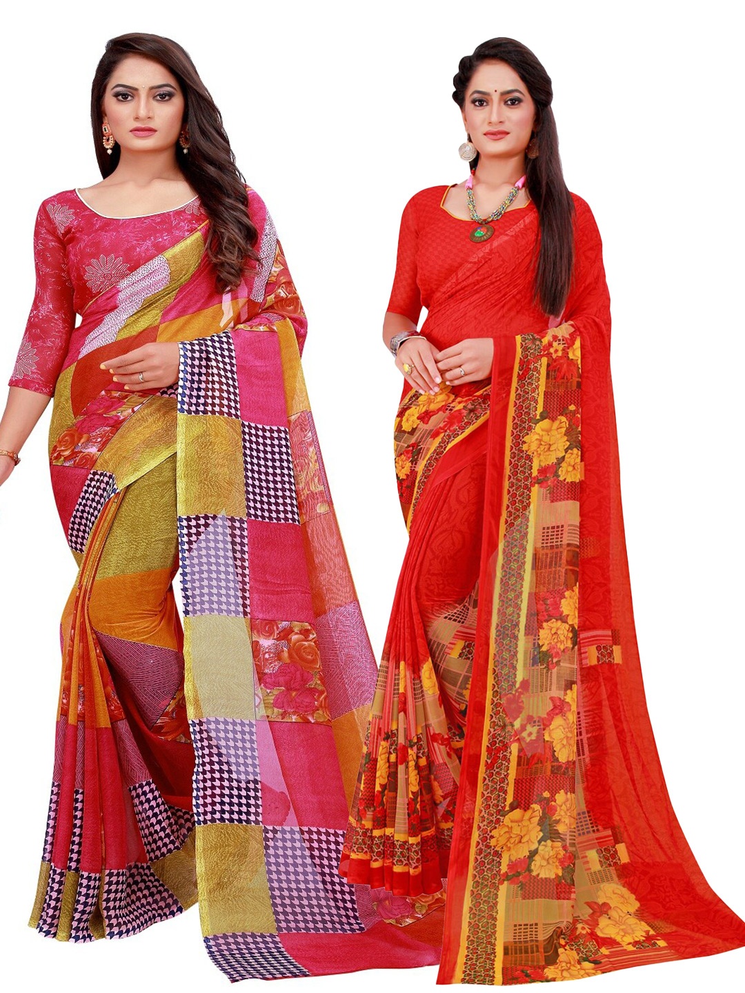 

SAADHVI Red & Yellow Printed Pure Georgette Saree Pack Of 2