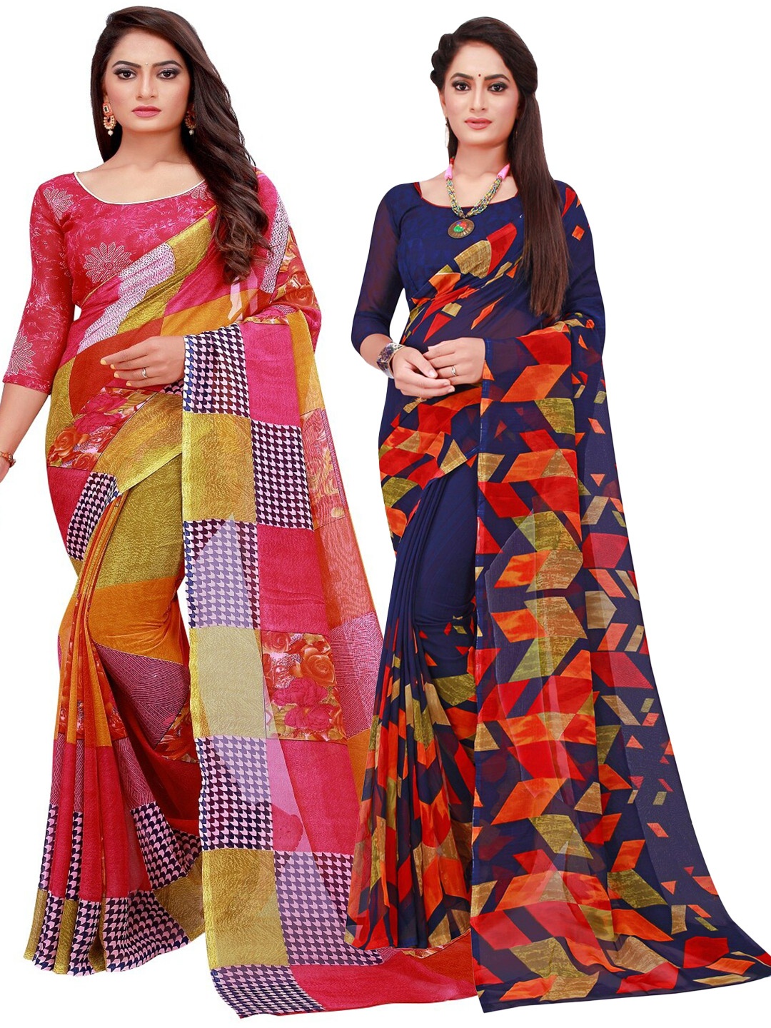 

SAADHVI Navy Blue & Red Set of 2 Printed Georgette Saree