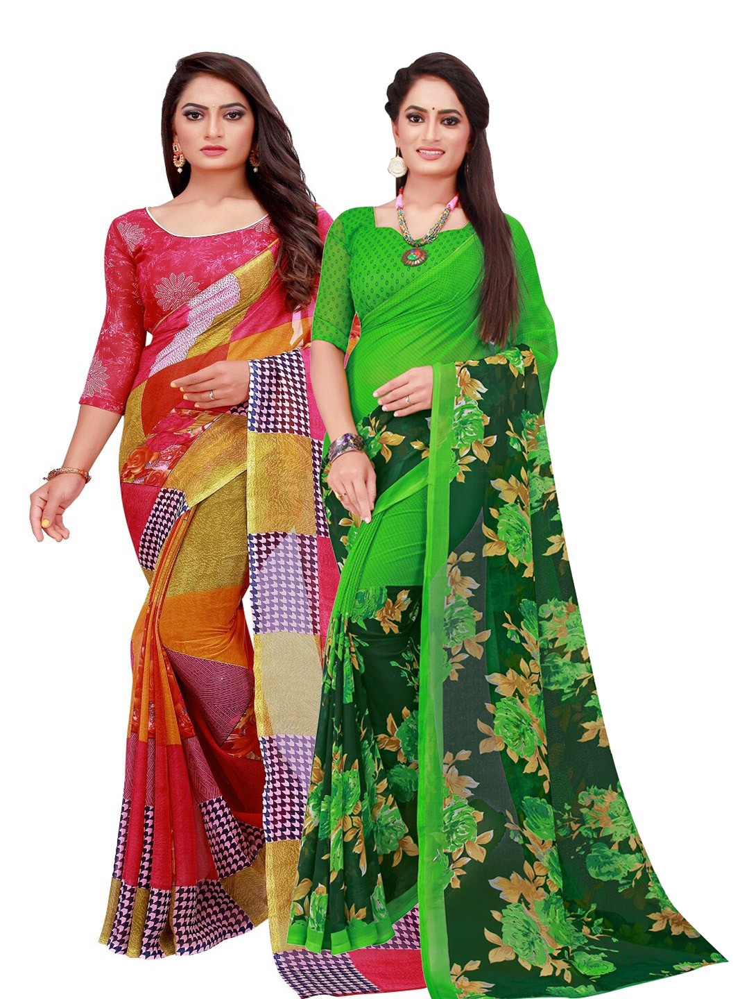 

SAADHVI Red & Green Floral Printed Pure Georgette Saree Pack Of 2