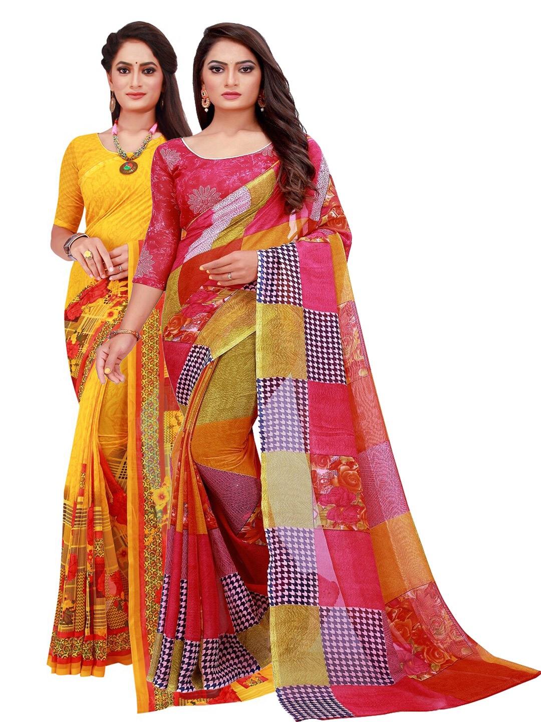 

SAADHVI Yellow & Red Set of 2 Printed Georgette Saree