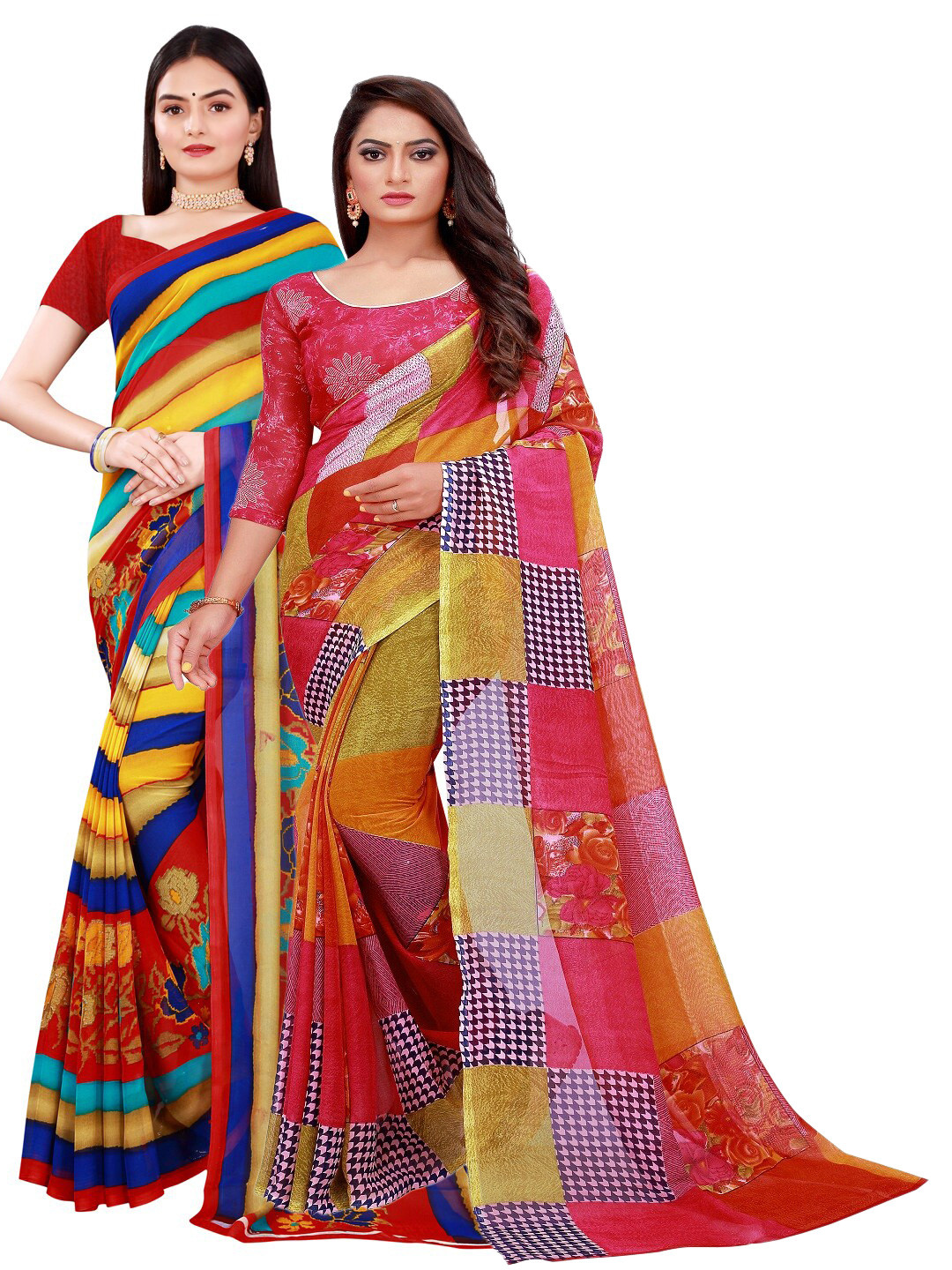 

SAADHVI Red & Blue Set Of 2 Floral Pure Georgette Saree