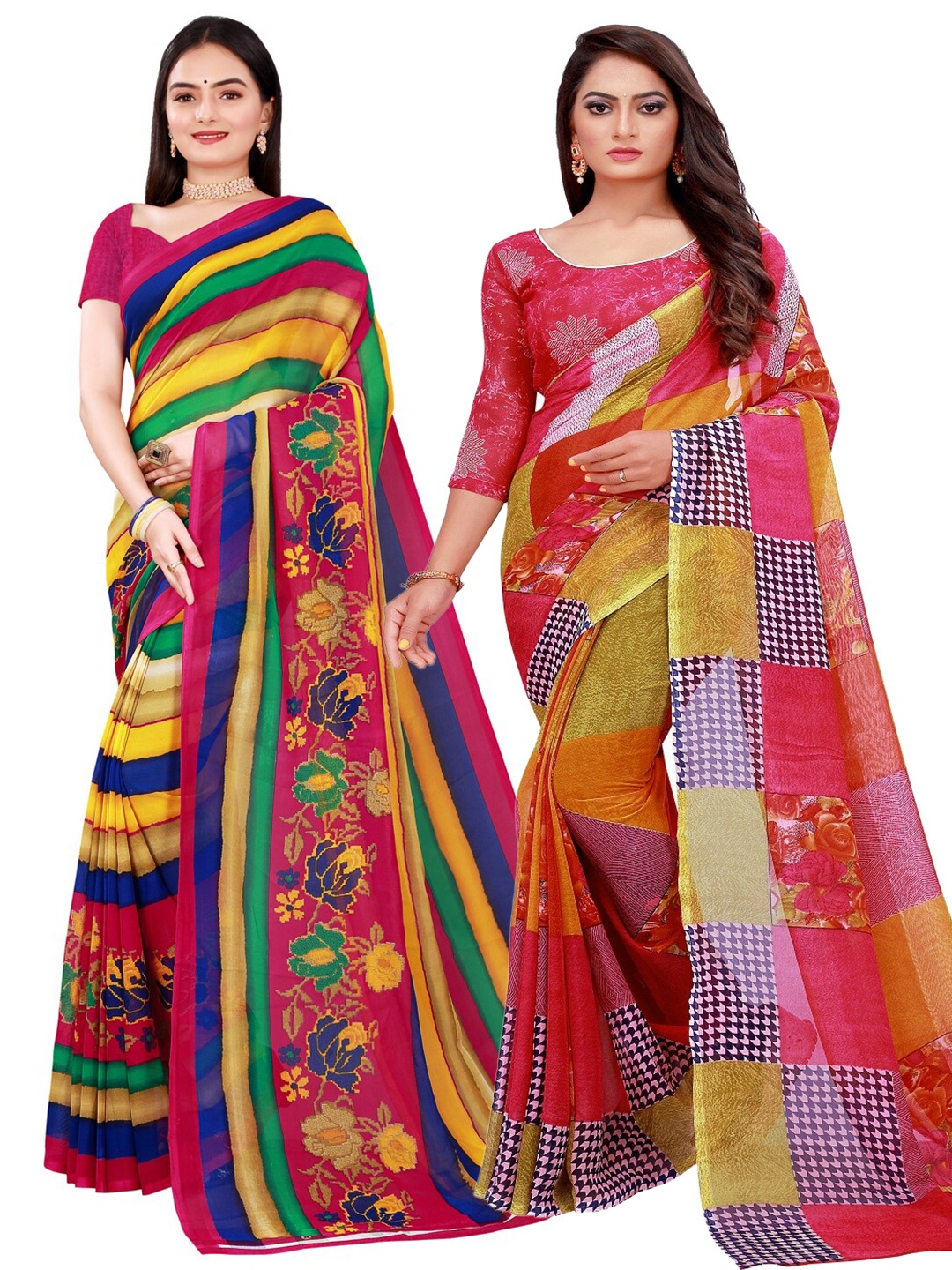SAADHVI Pink & Blue Striped Printed Pure Georgette Saree Pack Of 2