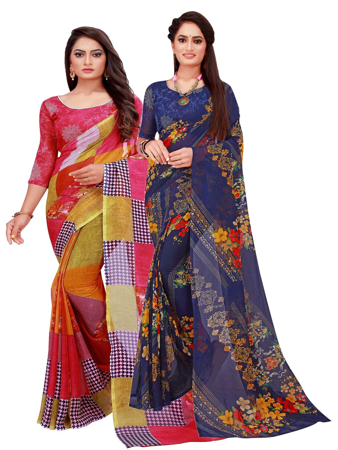 

SAADHVI Red & Navy Blue Floral Printed Pure Georgette Saree Pack Of 2