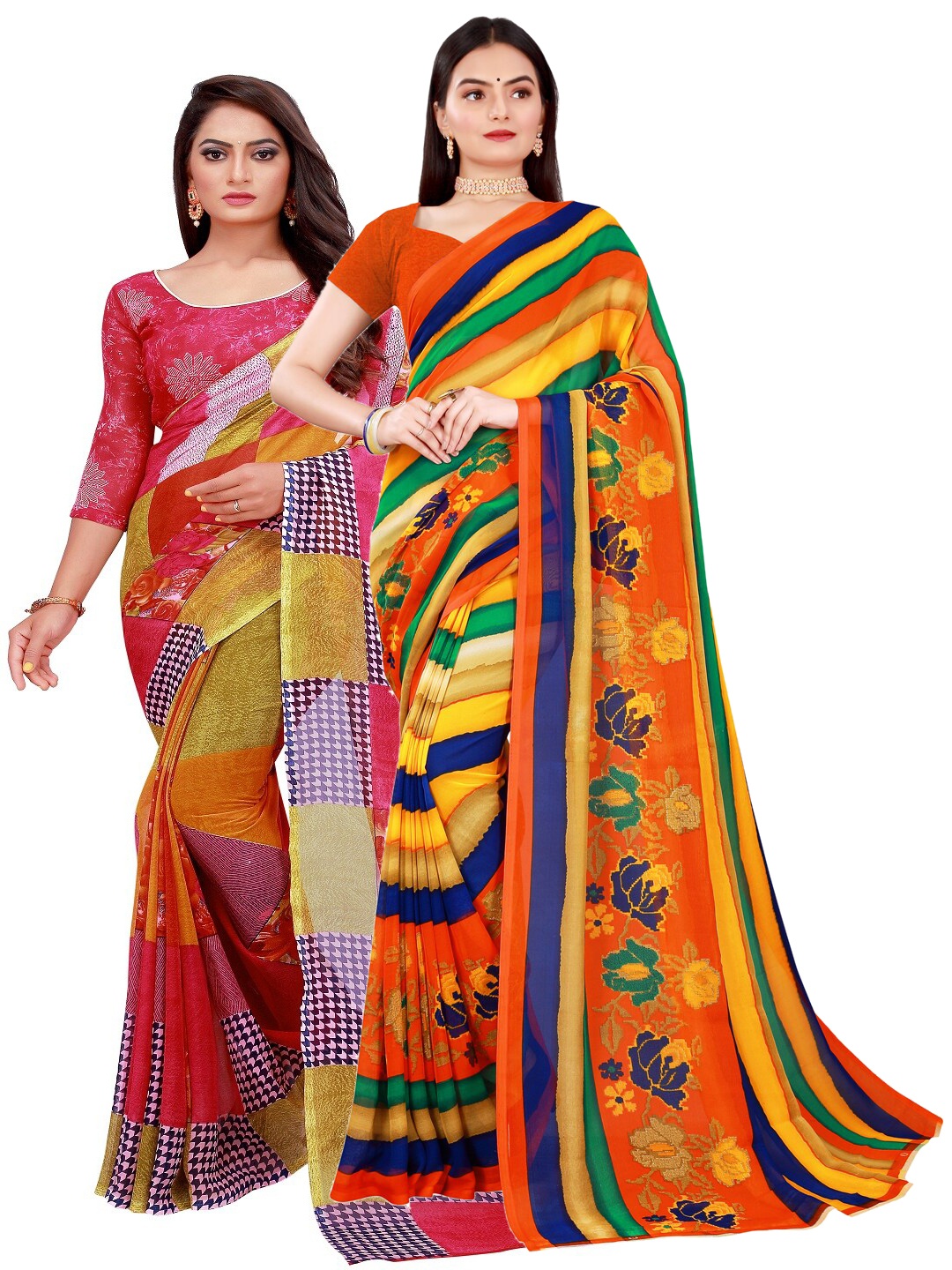 

SAADHVI Red & Yellow Set Of 2 Floral Pure Georgette Saree