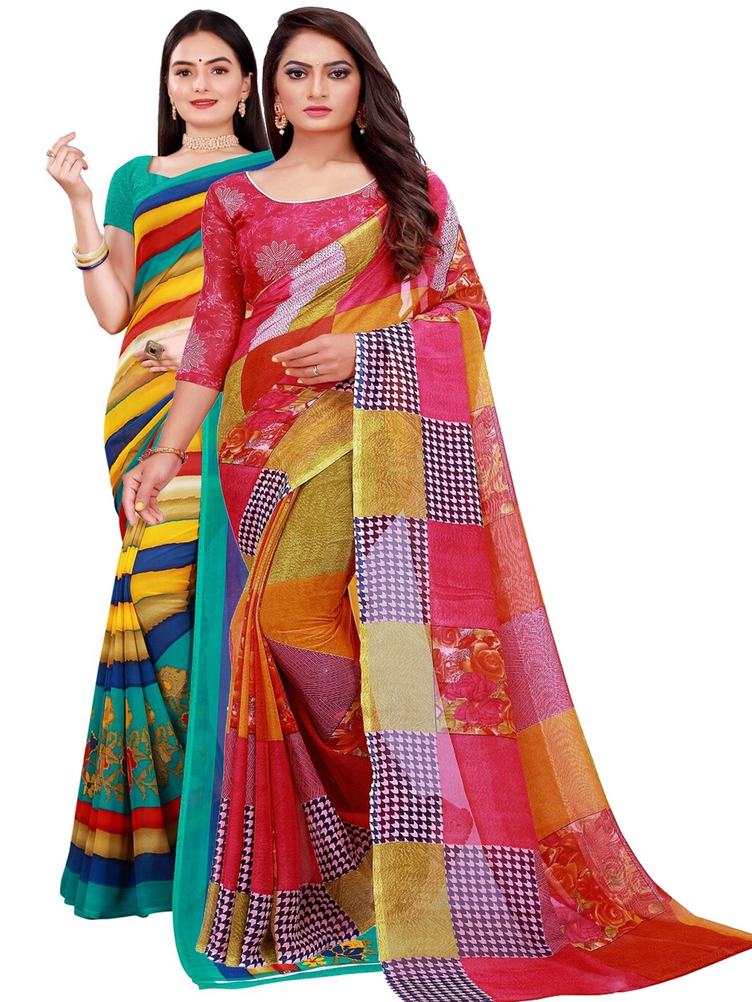 

SAADHVI Red & Yellow Striped Printed Pure Georgette Saree Pack Of 2