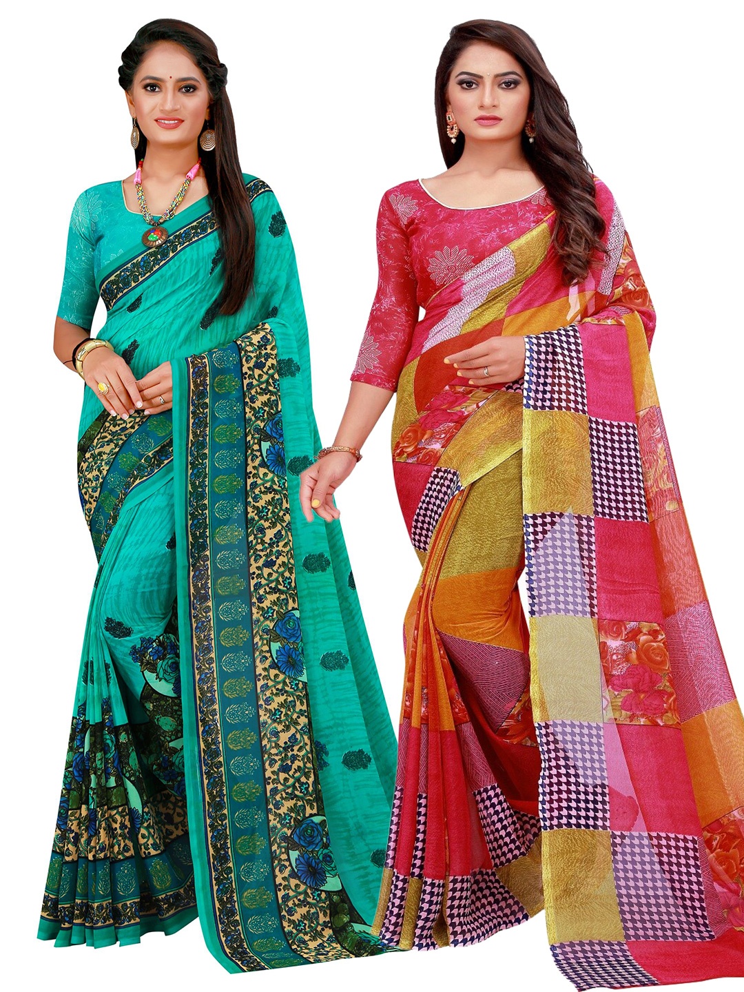 

SAADHVI Red & Turquoise Blue Set Of 2 Floral Pure Georgette Saree