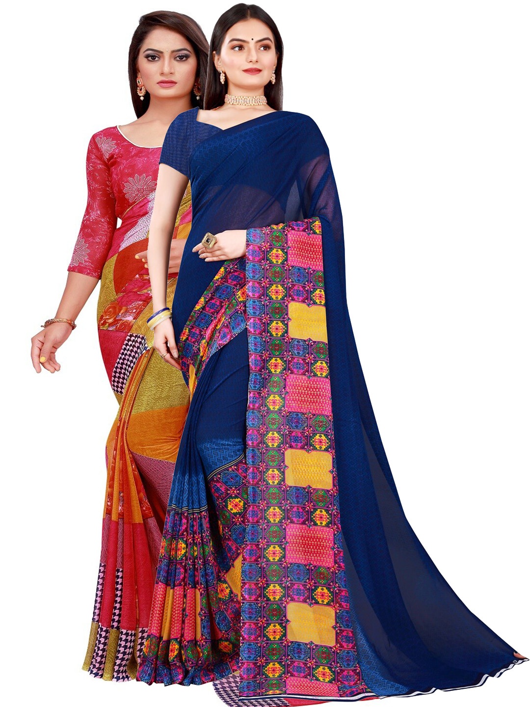 

SAADHVI Red & Navy Blue Printed Pure Georgette Saree Pack Of 2
