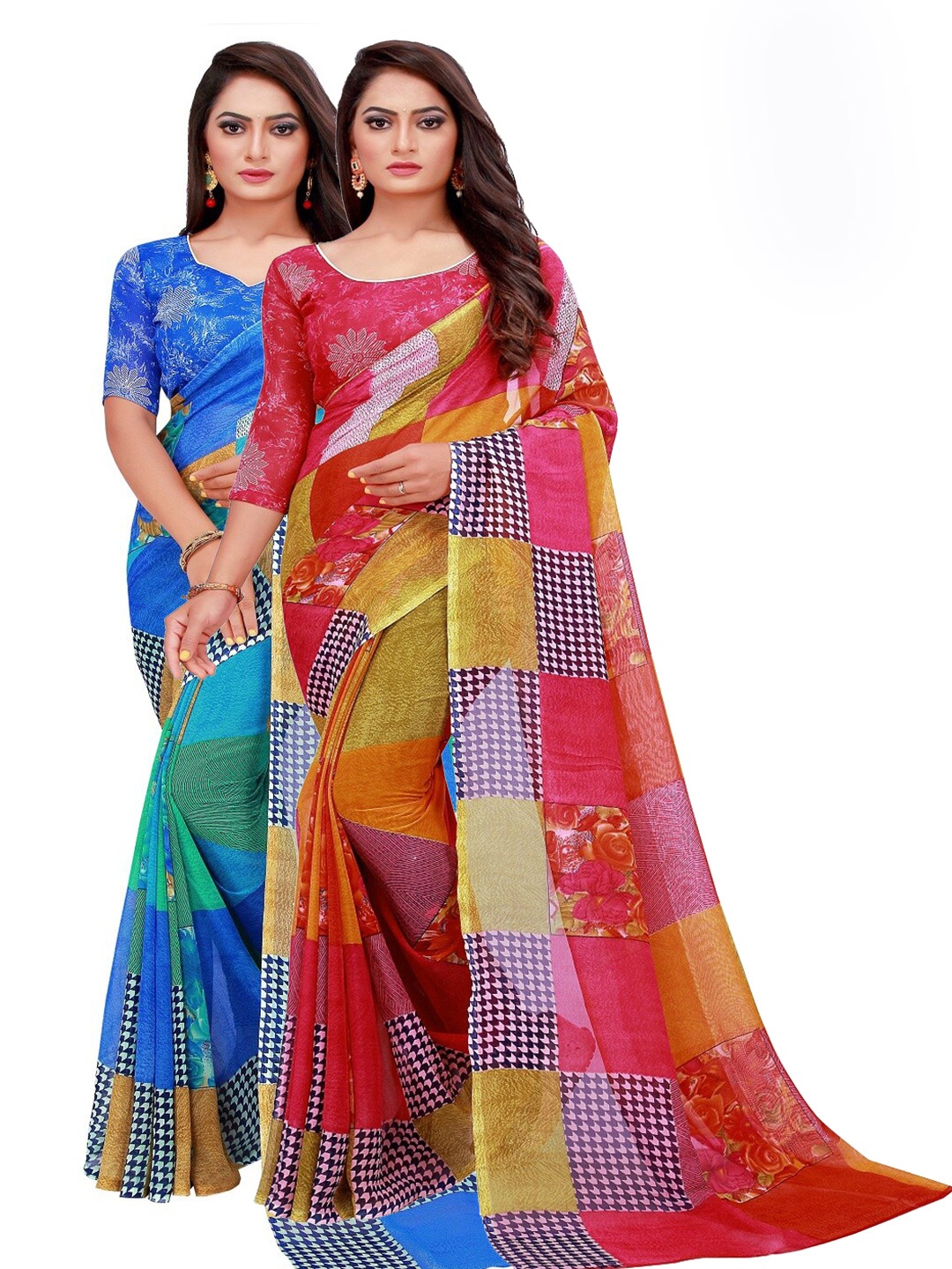 

SAADHVI Blue & Red Printed Pure Georgette Saree Pack Of 2